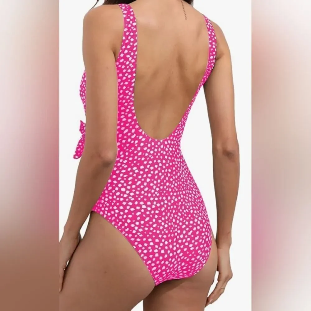 One Piece Swimsuit Low Back Tummy Control Ruched Retro Bathing Suit V Neck Wrap